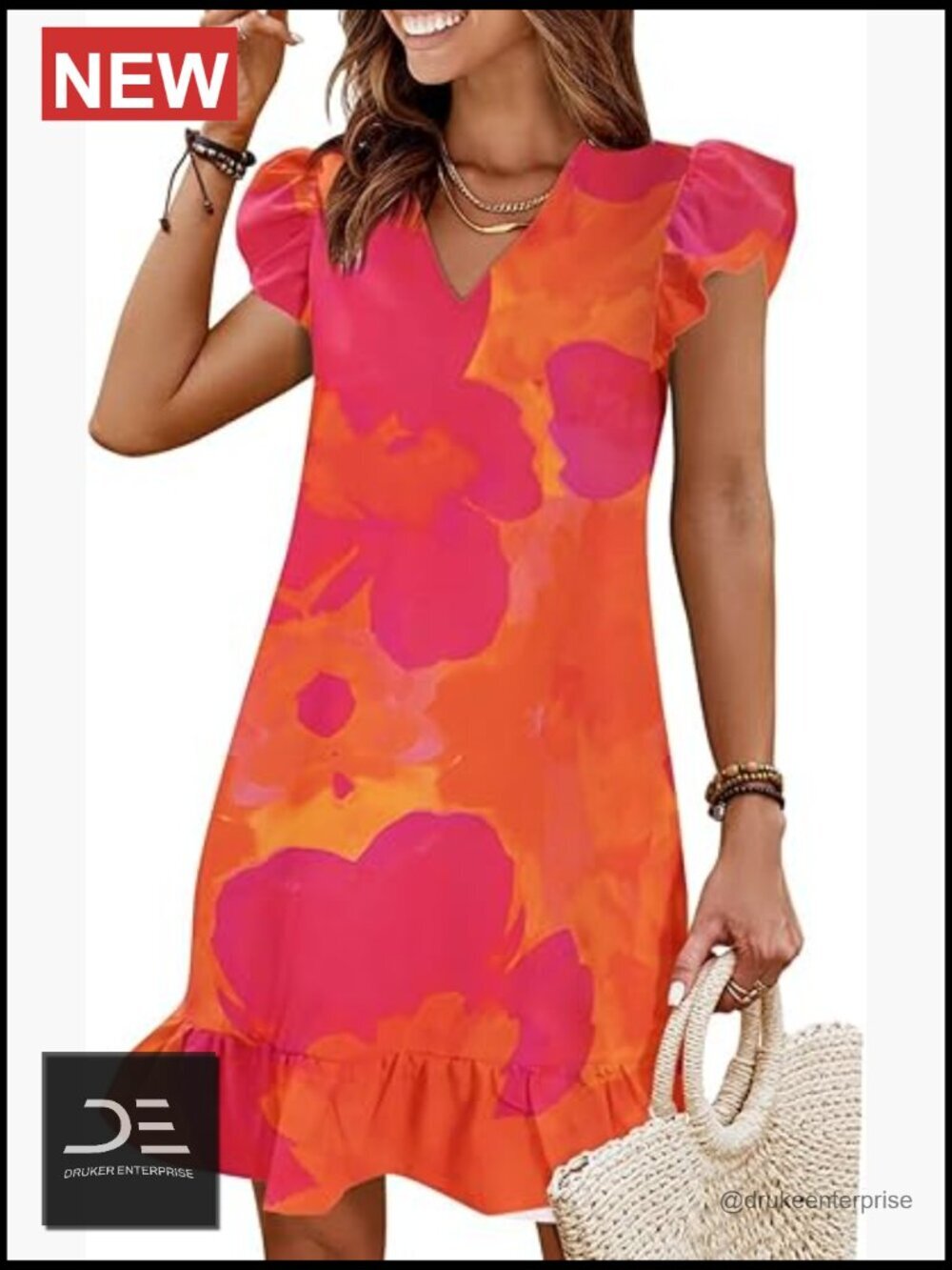 Ruffle V-Neck Cap Sleeve Smock Casual Short Beach Dress